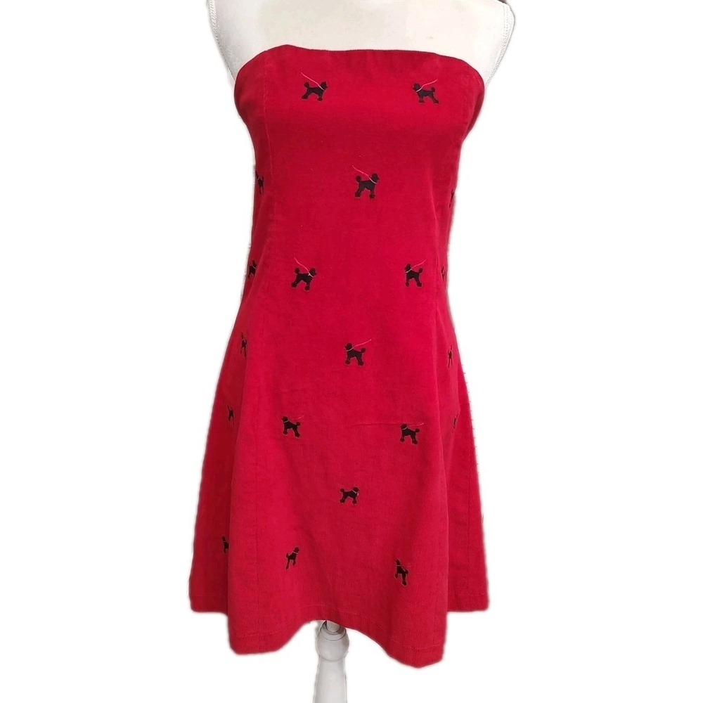 Lilypod Women Sz Small Red Corduroy‎ Strapless Dress Poodle Dog Embroidery Y2K
